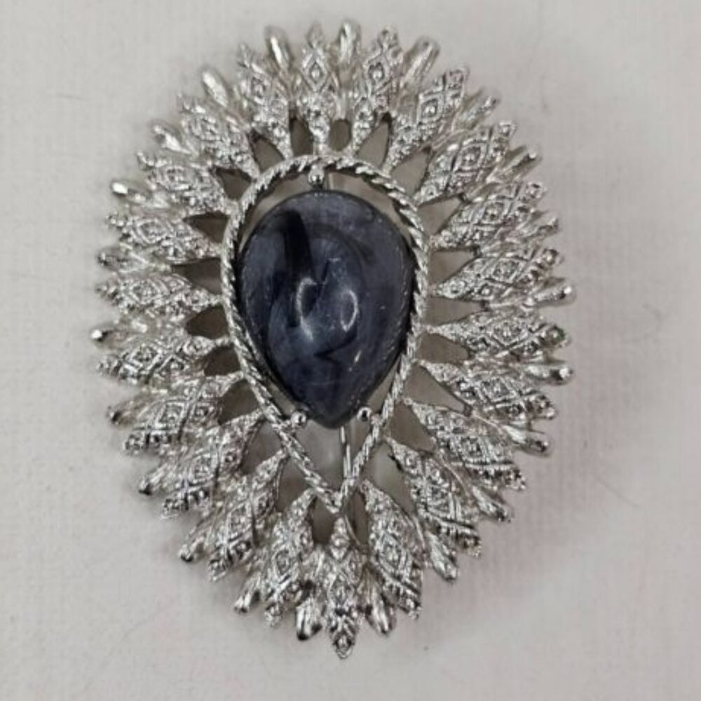 Sarah Coventry Silver Tone Oval Brooch Granada Teardrop Cabochon Pin